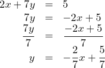 \begin{array}{rcl} 2x+7y& = & 5 \\  7y& = & -2x+5 \\ \dfrac{7y}{7}& = & \dfrac{-2x+5}{7} \\  y& = & -\dfrac{2}{7}x+\dfrac{5}{7} \end{array}