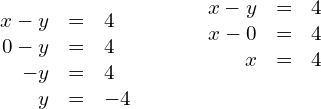 \begin{array}{cccc}\begin{array}{ccc}\hfill x-y& =\hfill & 4\hfill \\ \hfill 0-y& =\hfill & 4\hfill \\ \hfill -y& =\hfill & 4\hfill \\ \hfill y& =\hfill & -4\hfill \end{array}& & & \begin{array}{ccc}\hfill x-y& =\hfill & 4\hfill \\ \hfill x-0& =\hfill & 4\hfill \\ \hfill x& =\hfill & 4\hfill \\ \\ \\ \end{array}\end{array}