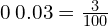 0\phantom{\rule{0.2em}{0ex}}0.03=\frac{3}{100}