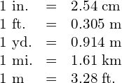 \begin{array}{c}\begin{array}{ccc}\text{1 in.}\hfill & =\hfill & \text{2.54 cm}\hfill \\ \text{1 ft.}\hfill & =\hfill & \text{0.305 m}\hfill \\ \text{1 yd.}\hfill & =\hfill & \text{0.914 m}\hfill \\ \text{1 mi.}\hfill & =\hfill & \text{1.61 km}\hfill \\ \text{1 m}\hfill & =\hfill & \text{3.28 ft.}\hfill \end{array}\hfill \end{array}