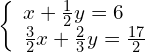 \left\{\begin{array}{c}x+\frac{1}{2}y=6\hfill \\ \frac{3}{2}x+\frac{2}{3}y=\frac{17}{2}\hfill \end{array}