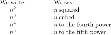 \begin{array}{cccccc}\text{We write:}\hfill & & & & & \text{We say:}\hfill \\ \hfill {n}^{2}\hfill & & & & & n\phantom{\rule{0.2em}{0ex}}\text{squared}\hfill \\ \hfill {n}^{3}\hfill & & & & & n\phantom{\rule{0.2em}{0ex}}\text{cubed}\hfill \\ \hfill {n}^{4}\hfill & & & & & n\phantom{\rule{0.2em}{0ex}}\text{to the fourth power}\hfill \\ \hfill {n}^{5}\hfill & & & & & n\phantom{\rule{0.2em}{0ex}}\text{to the fifth power}\hfill \end{array}