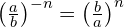 {\left(\frac{a}{b}\right)}^{-n}={\left(\frac{b}{a}\right)}^{n}