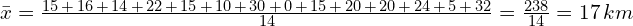  \bar{x} = \frac{15\, +\, 16 \,+ \,14 \,+\,22\, + \,15 \,+ \,10 \,+\, 30\, + \,0\, + \,15 \,+\, 20\, + \,20 \,+ \,24 \,+\, 5 \,+ \,32}{14} = \frac{238}{14} = 17 \,km 