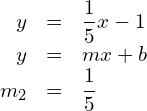 \begin{array}{rcl} y& =& \dfrac{1}{5}x-1 \\  y& = & mx+b \\  {m}_{2}& = & \dfrac{1}{5} \end{array}