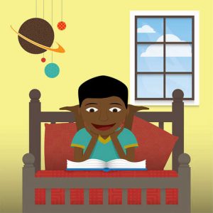 An graphic of a young boy reading on his bed.