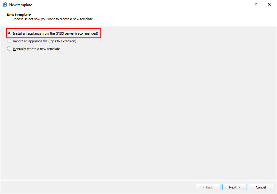 Select "Install an appliance from the GNS3 server"