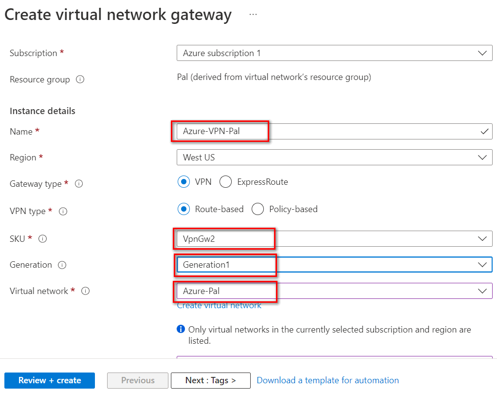 Step 2- create a virtual network gateway