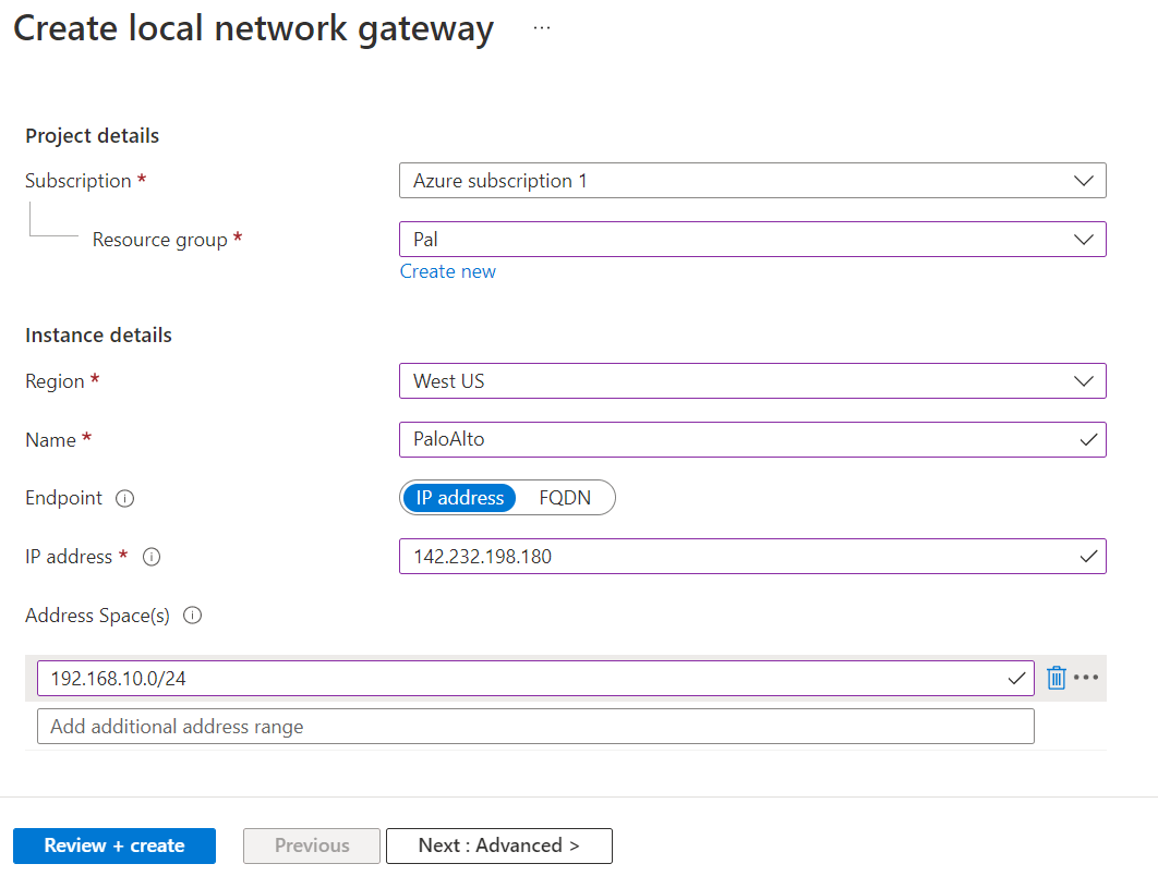 Step 2- create a local network gateway