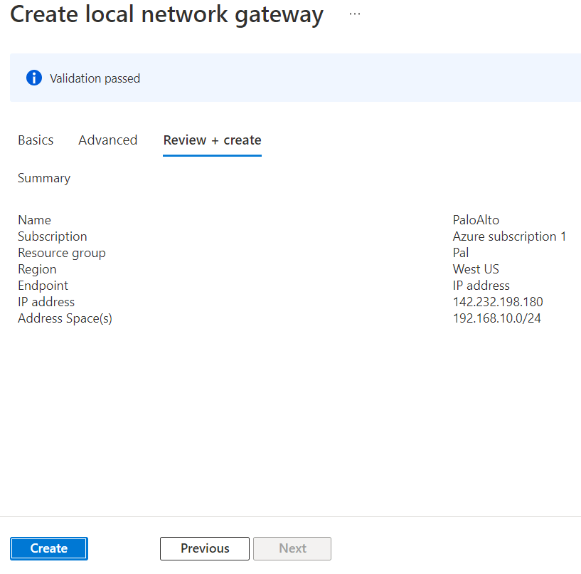 Step 3- create a local network gateway (Review + create)