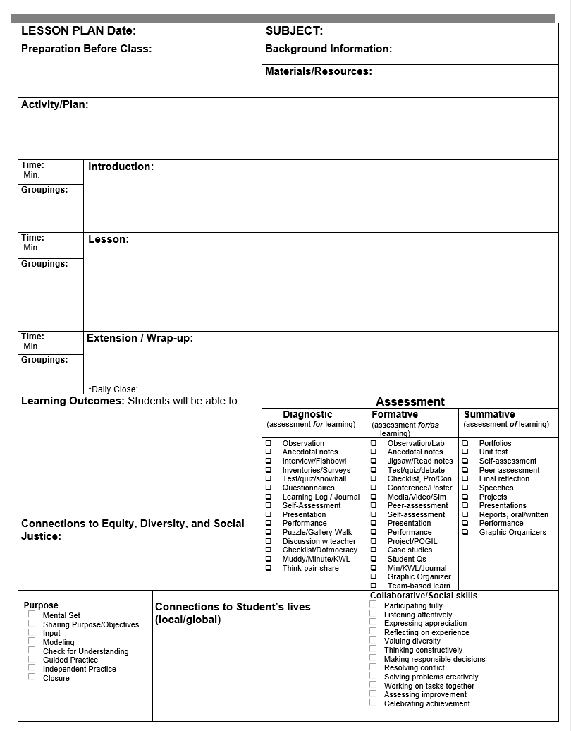 Daily Lesson Plan Template page 1 - use to create and plan your lessons