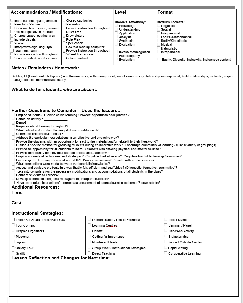 Daily Lesson Plan Template (with activity ideas) page 2 - use to create and plan your lessons.