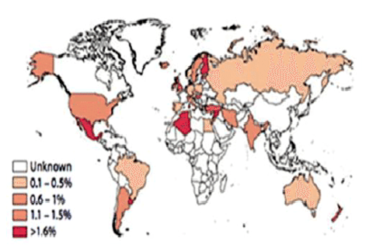 Map showing difference in Celiac Disease prevalence across the world