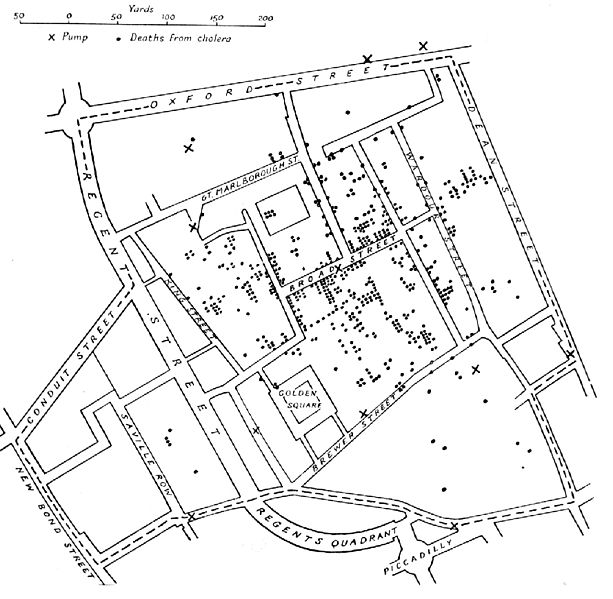 A variant of the original map drawn by Dr. John Snow (1813-1858), a British physician who is one of the founders of medical epidemiology, showing cases of cholera in the London epidemics of 1854, clustered around the locations of water pumps.