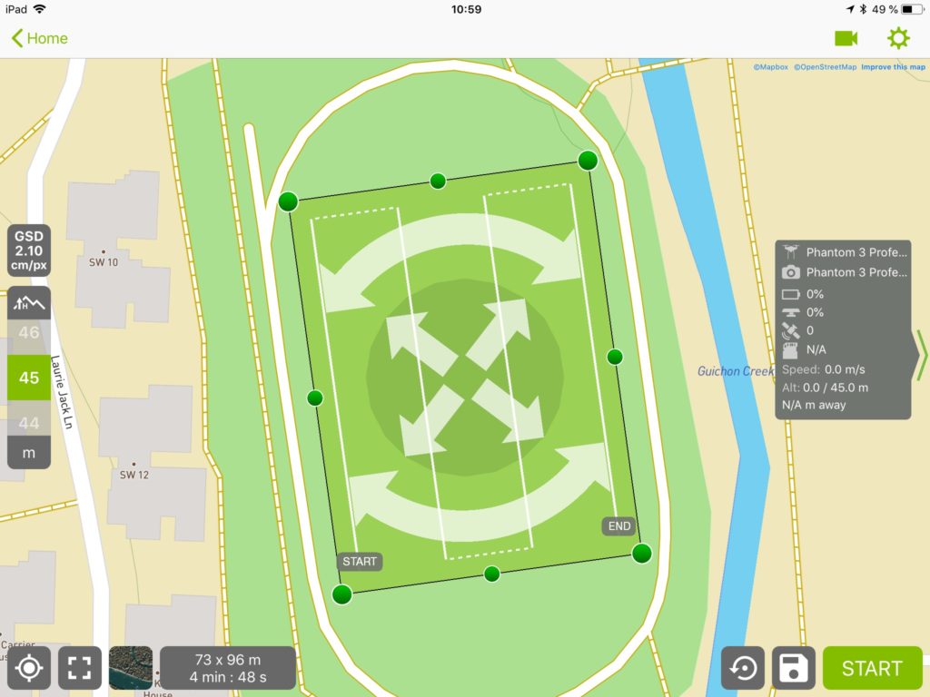 A screenshot of the main mission planning screen in Pix4Dcapture app showing the planned flight path overlaid onto a map of BCIT Burnaby campus