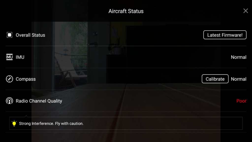 A photos of a screenshot showing the overall status screen of the DJI GO app