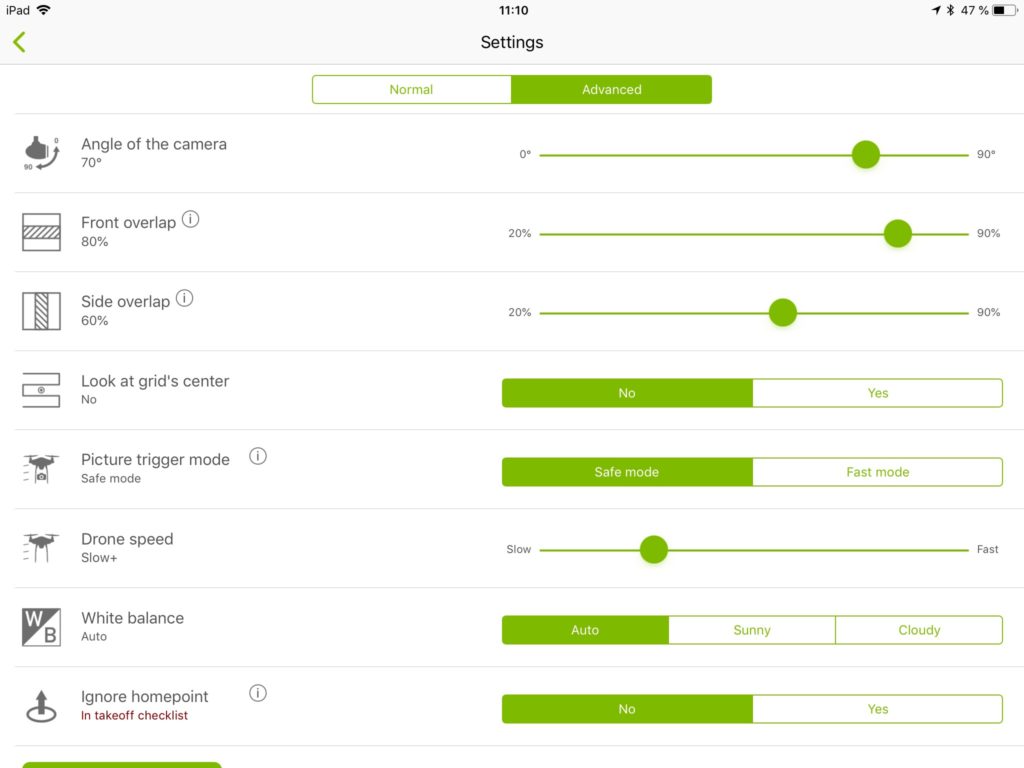 Photo of a screen shot showing the settings menu of the Pix4D Capture app