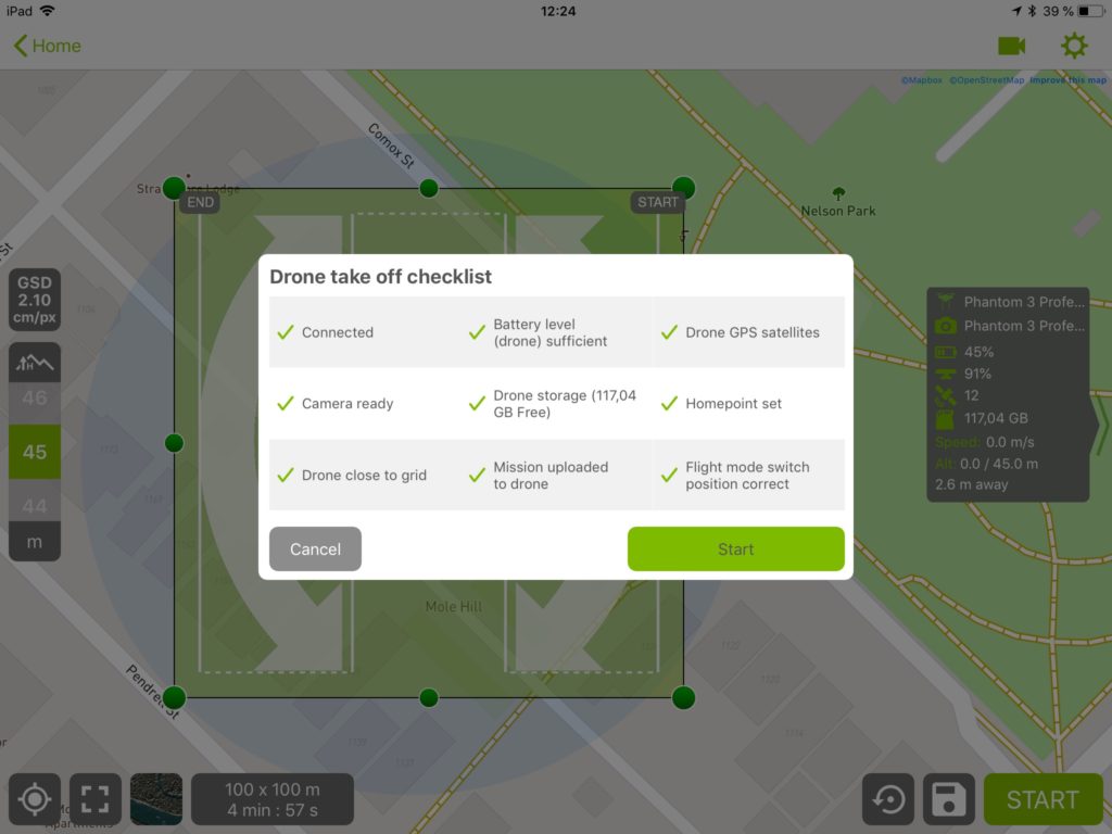 Screenshot showing the drone take off checklist from Pix4D Capture app