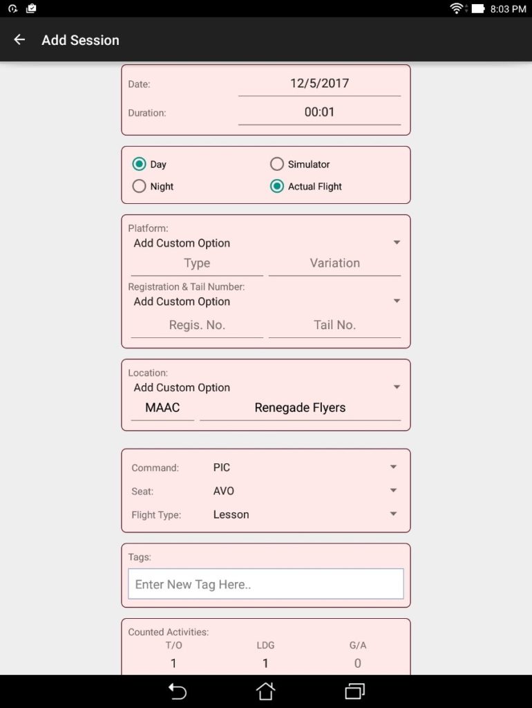 Screenshot of the UAV Logbook app