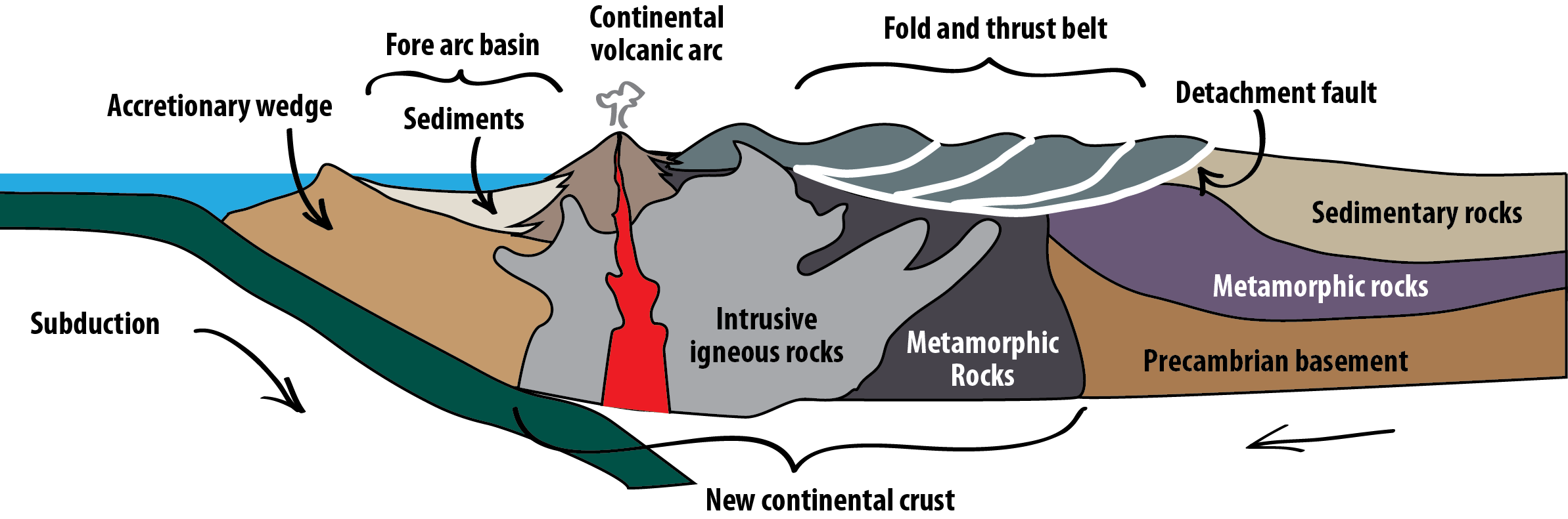 Figure 13.34 Orogeny in an ocean-continent collision zone. 