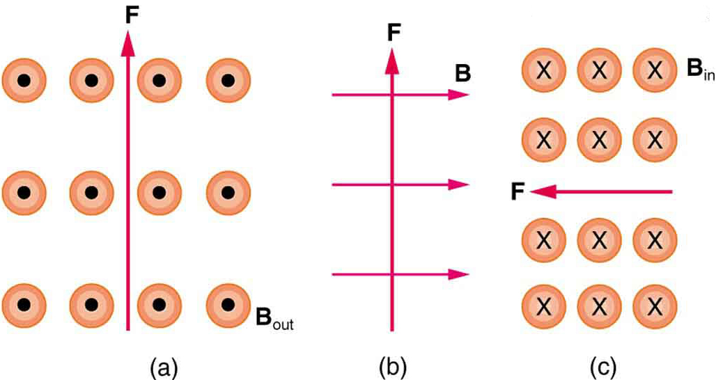 Figure a shows magnetic field B out of the page and force F upward. Figure b shows B toward the right and F upward. Figure c shows B into the page and F toward the left.