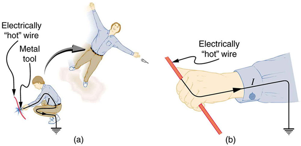 Part a of the diagram shows a person working on an electrically hot wire with a metal tool. The next step shows that he is a victim of electric shock and is thrown backward with his arms and legs stretched. The metal tool also falls off his hand. Part b of the diagram shows a person holding the electrically hot wire with his hands. The person is not thrown away. He cannot let go of the wire because the muscles that close the fingers are stronger than those that open them.