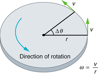 The given figure shows counterclockwise circular motion with a horizontal line, depicting radius r, drawn from the center of the circle to the right side on its circumference and another line is drawn in such a manner that it makes an acute angle delta theta with the horizontal line. Tangential velocity vectors are indicated at the end of the two lines. At the bottom right side of the figure, the formula for angular velocity is given as v upon r.