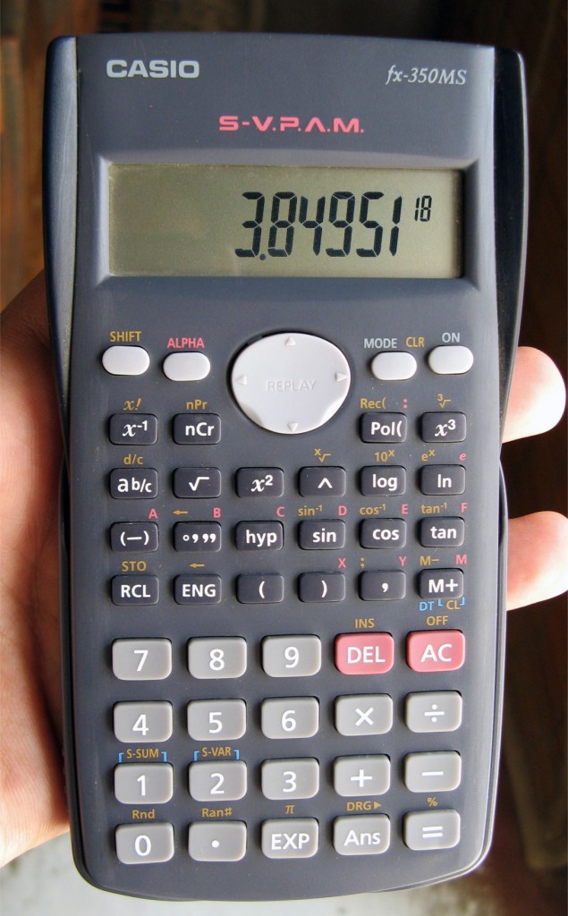 This calculator shows only the coefficient and the power of 10 to represent the number in scientific notation. Thus, the number being displayed is 3.84951 × 1018, or 3,849,510,000,000,000,000. Source: “Casio”Asim Bijarani is licensed under Creative Commons Attribution 2.0 Generic