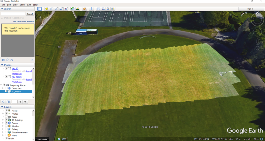 Screenshot of a 3-D Model exported from Photoscan in KMZ and added to Google Earth