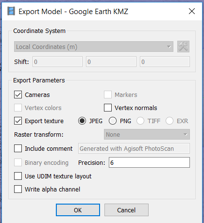 Screenshot of the export model dialogue box with the following settings, cameras, export texture and JPG file format all checked on and precision left at the default 6