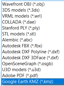 Screenshot showing all the different 3D model export file formats including wavefront obj, 3ds models, vrml models, collada, stanford ply, stl models, alembic, autodesk fbx, autdodesk dxf polyline, autodesk dxf 3dface, openscenegraph, u3d models, adobe pdf, and google earth kmz