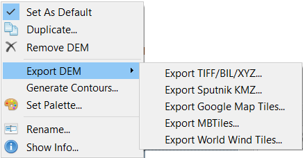 Screenshot showing the list of DEM export formats including TIFF/BIL/XYZ, Sputnik KMZ, Google Map Tiles, MBTiles and World Wind Tiles