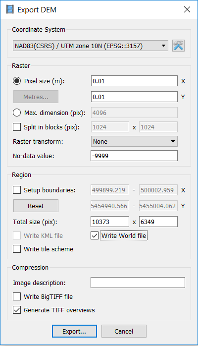 Screenshot of the DEM export dialogue box with settings as follows; coordinate system set to NAD83, pixel size in meters adjusted to 0.01 for both X and Y, No-data value changed to -9999, and Write World file checked on.