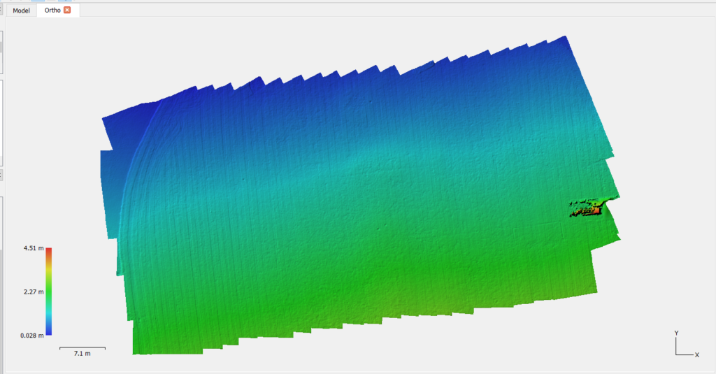 Screenshot showing a colorized digital elevation model of the bcit playing field with elevations ranging from 0.008m dark blue to 4.51m red.