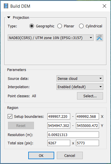 Screenshot showing the build dem dialogue box settings with the projection system set to the default NAD83, source data set to dense cloud, interpolation set to enabled all point classes selected and region parameters set to the default