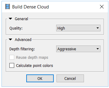 A screenshot of settings in the build dense point cloud dialogue box