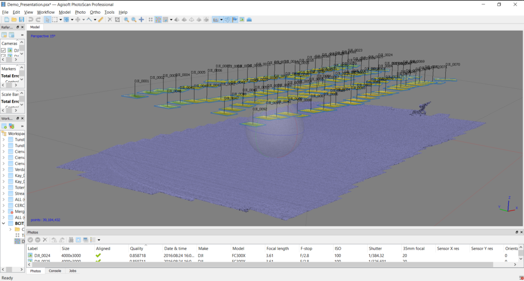 Screenshot of a dense point cloud with 39,184,432 points in Agisoft photoscan professional