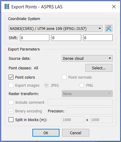 Screesnshot of the dense cloud dialogue box with coordinate system set to NAD 83, no shift, source data is the dense cloud, all point classes, and point colors are selected on.