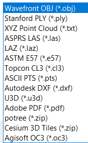 A screenshot of all the possible export formats for a dense cloud in photoscan including wavefront obj, standford ply, xyz point cloud, asprs las, laz, astm e57, topcon cl3, ascii pts, autodesk, dxf, u3d, adobe pdf, potree, cesium 3d tiles, and agisoft oc3