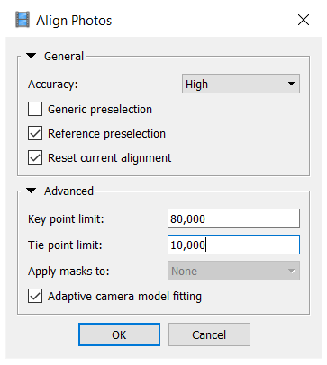 Screenshot of the high photo alignment dialogue box