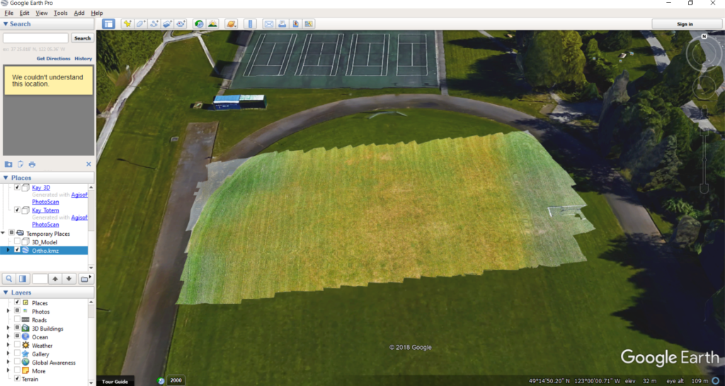 Screenshot showing the orthomosaic generated in photoscan, exported into Google Earth