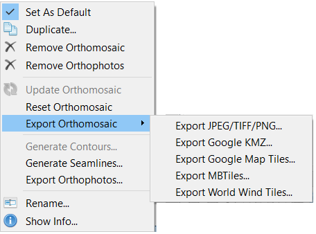 Screenshot showing the following orthomosaic export file formats, JPEG/TIFF/PNG, Google KMZ, Google Map Tiles, MBTiles, World Wind Tiles