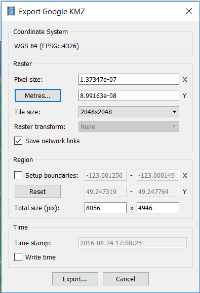 Screenshot showing the export orthomosaic dialogue box with the following settings, pixel size in meters set to 0.01, save network links checked on,