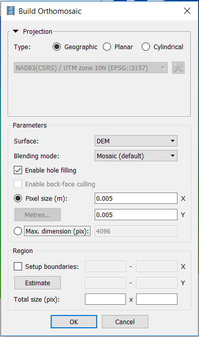 Screenshot of the build orthomosaic dialogue box showing the projection type which is left as the default NAD83, surface is set to digital elevation model, blending mode is set to the default mosaic, pixel size is set to 0.005 meters, the region/setup boundaries settings are left as the default