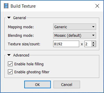Screenshot of the build texture dialogue box showing mapping mode as generic, blending mode as mosaic default, texture/size count as 8192 x 2 hole filling and ghosting filters are both enabled