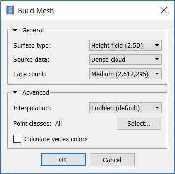 Screenshot of the build mesh dialogue box. surface type is height field 2.5D, source data is dense cloud, face count is medium, interpolation is enabled, point classes is all and calculate vertex colors is set to off