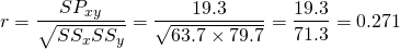 \[r=\frac{SP_{xy}}{\sqrt{SS_x SS_y}}=\frac{19.3}{\sqrt{63.7\times79.7}}=\frac{19.3}{71.3}=0.271\]