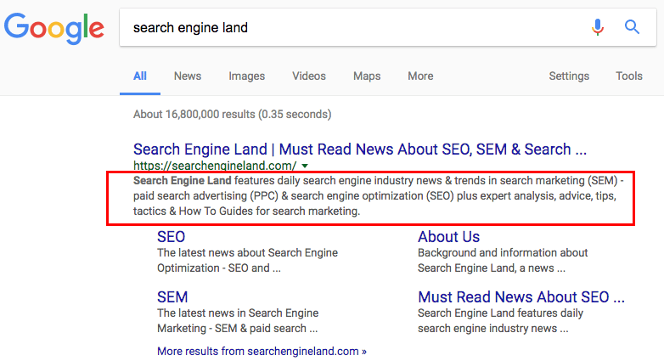 A screenshot of Google search results for the search terms "search engine land." The description of a search result is higlighted.