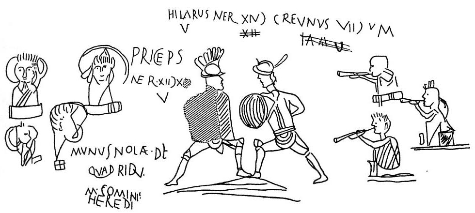 A line-drawn image depicting gladiators with Latin writing