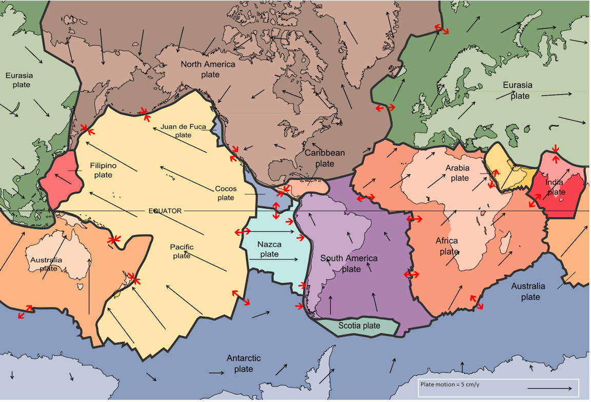 A map of the world with large irregular shapes drawn on to show tectonic plates.
